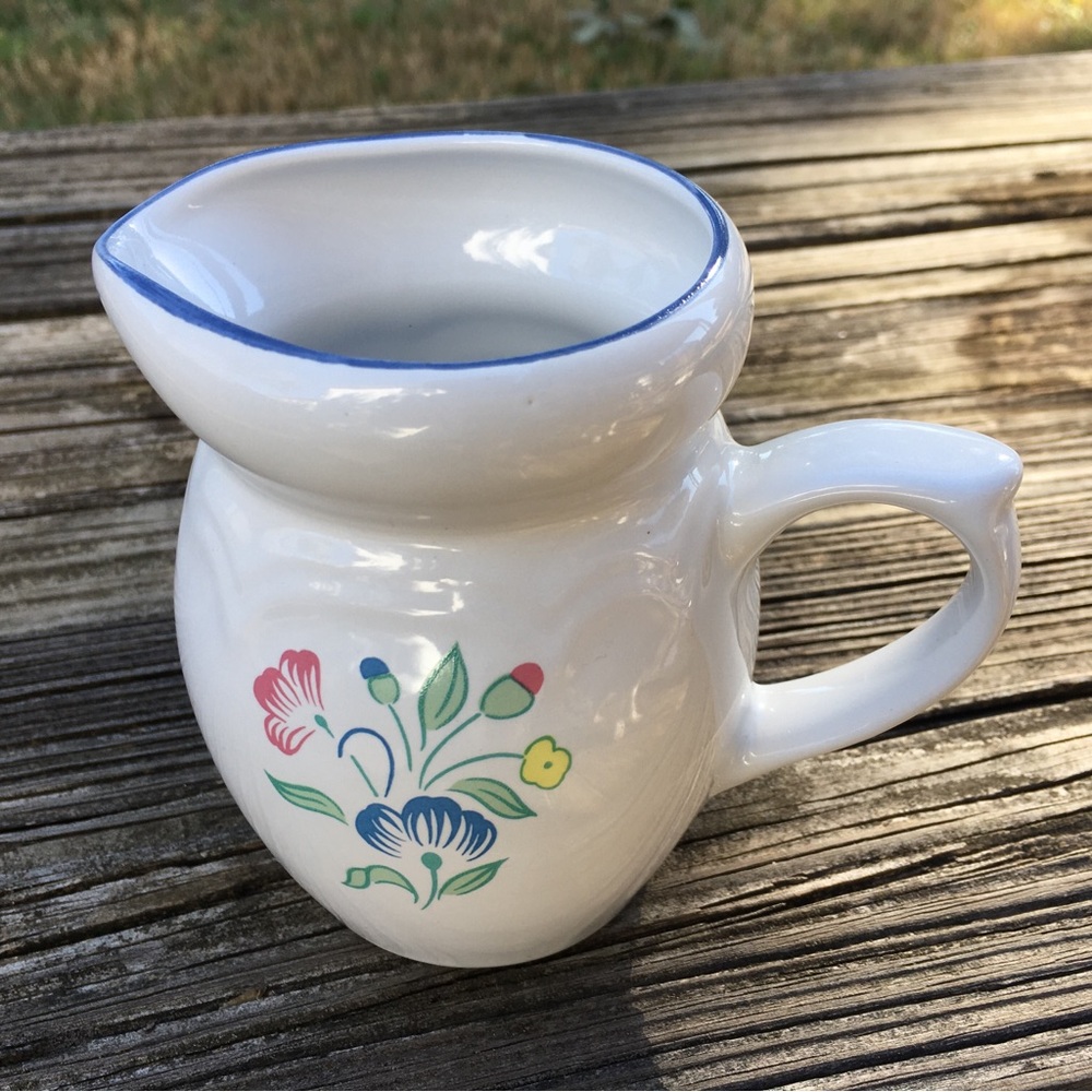 Floral Ceramic Creamer with Blue Rim, Pink and Blue Floral, Vintage